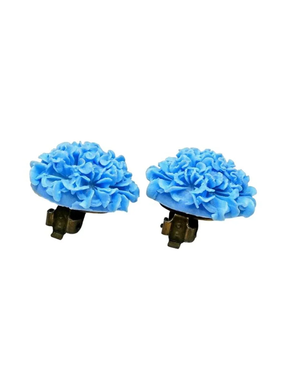 Vintage Carnation Clip‑On Earrings - Blue Resin Florals - 1¼" Diameter - Picture 3 of 5